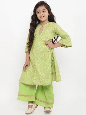 Girls Green Printed Kurta With Palazzos