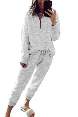 Gray Solid Half Zipped Drawstring High Waist Lounge Set