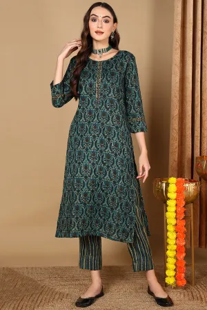 Green Cotton Blend Floral Printed Straight Kurta Set