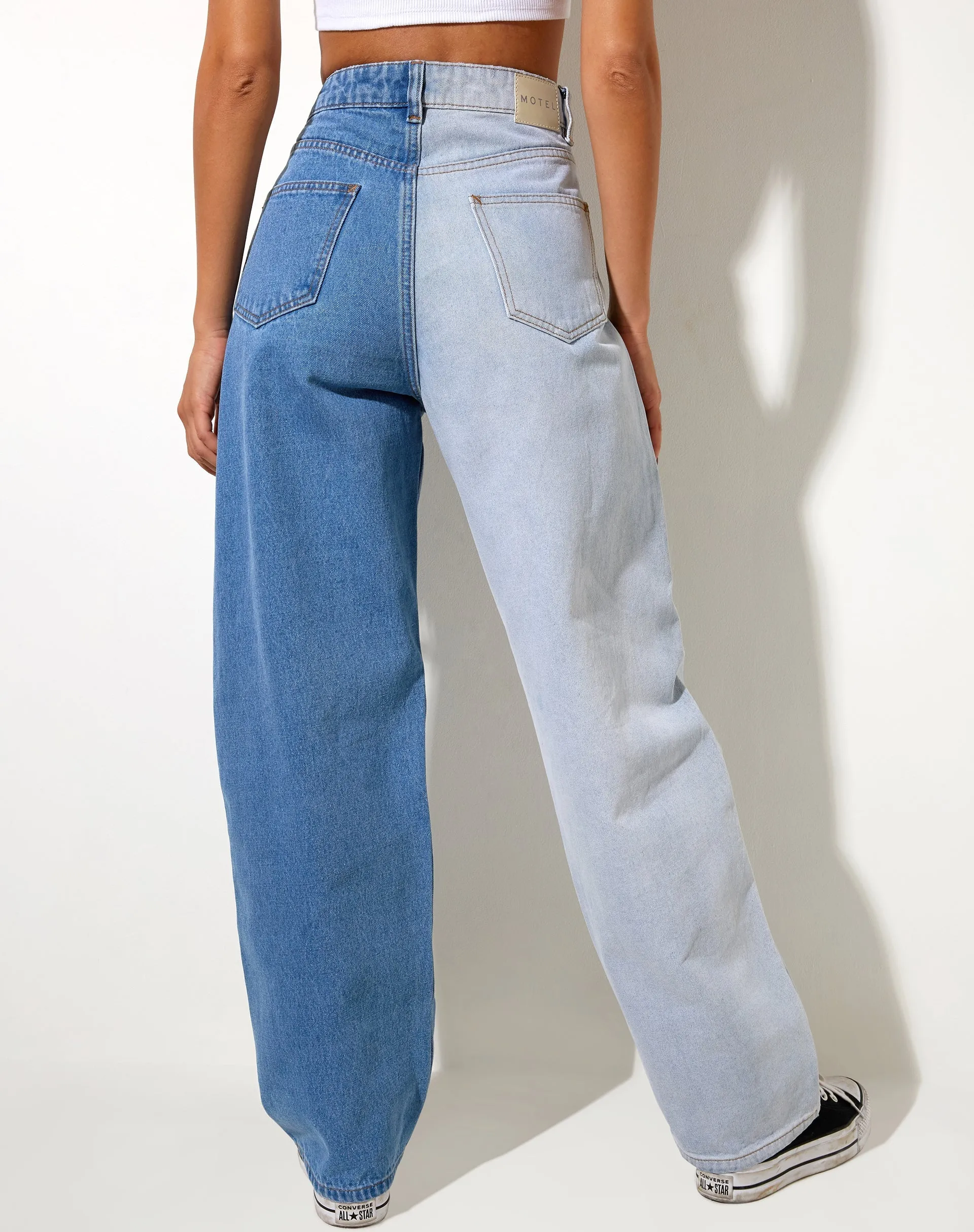 Half and Half Parallel Jean in Light Wash and Bleach Denim