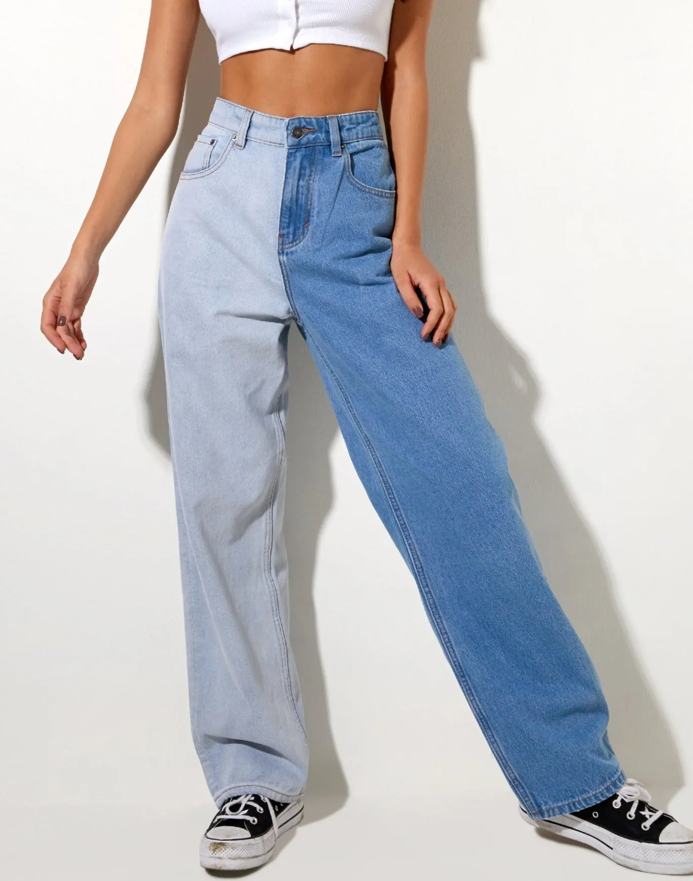 Half and Half Parallel Jean in Light Wash and Bleach Denim