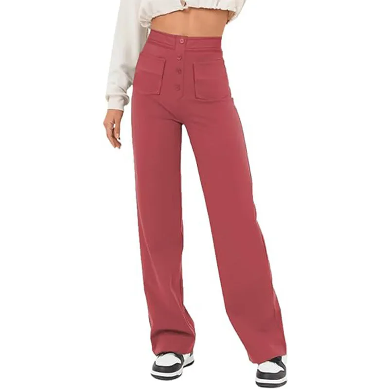 High Waist Trousers With Pockets Casual Loose Wide Leg Button Straight Pants Women's Clothing