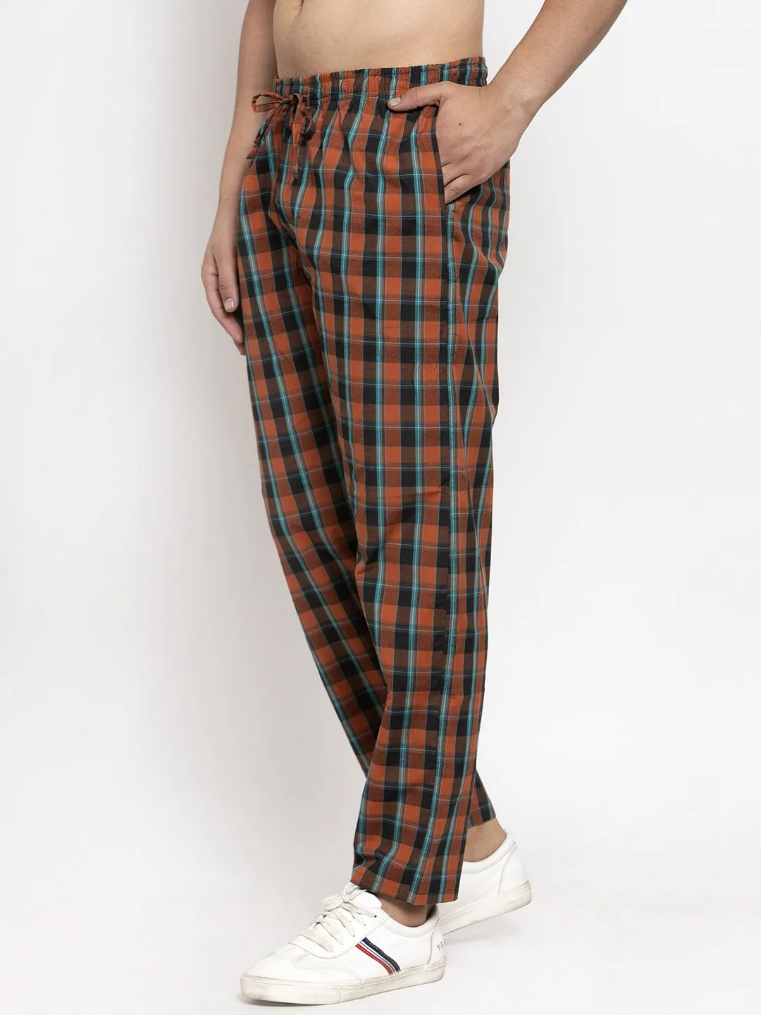 Jashvi Men's Orange Checked Cotton Track Pants