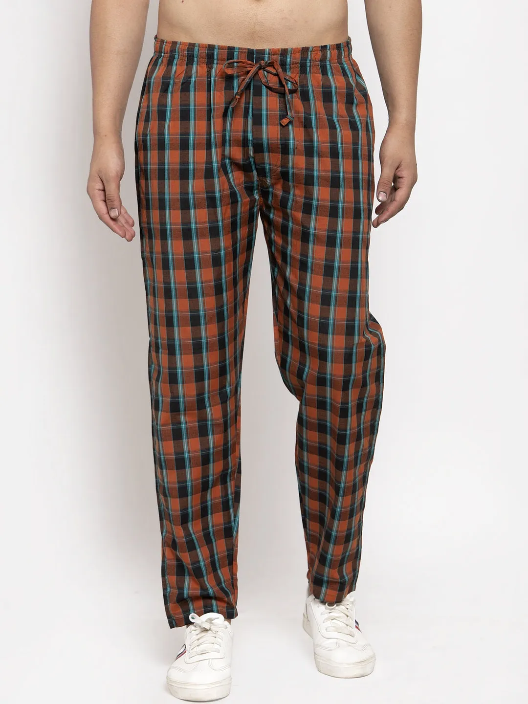 Jashvi Men's Orange Checked Cotton Track Pants