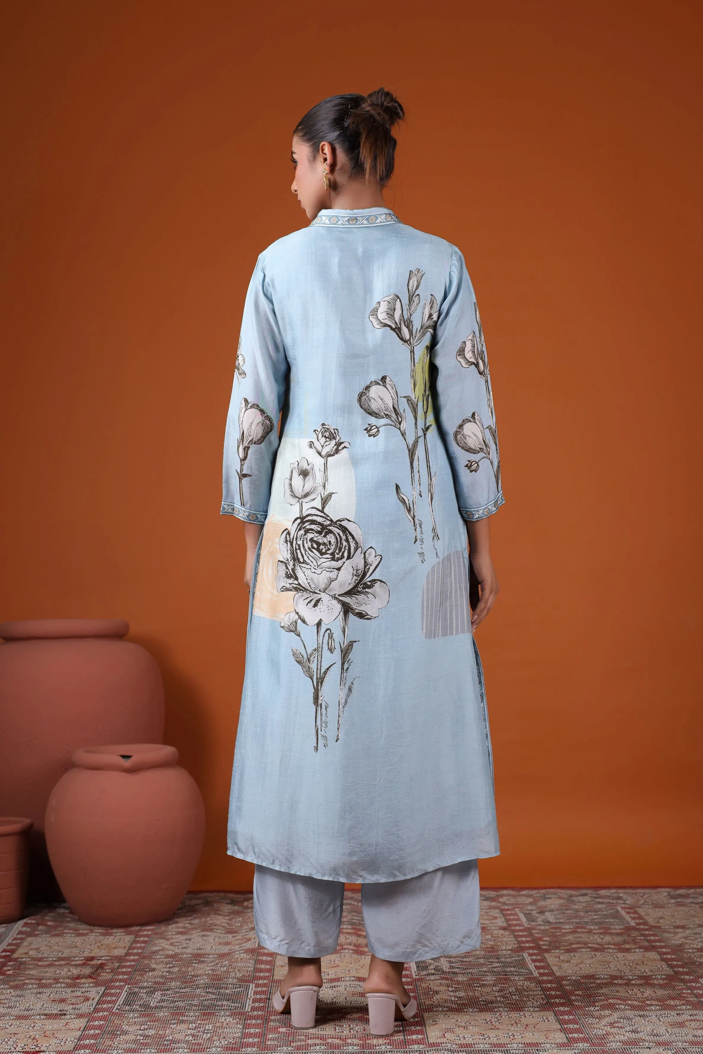 Light Blue Floral Printed Tussar Silk Kurta Set