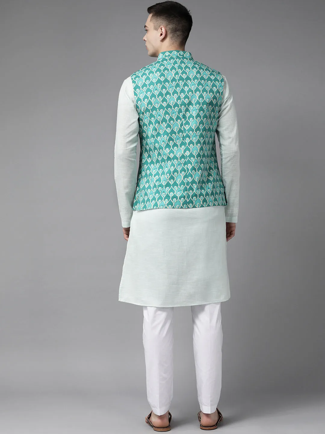 Men Green & Beige Printed Pure Cotton Kurta Pajama With Neharu Jacket