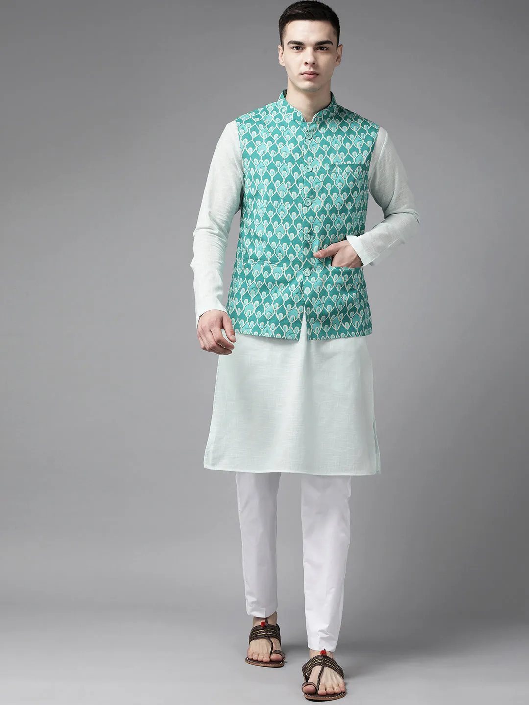 Men Green & Beige Printed Pure Cotton Kurta Pajama With Neharu Jacket