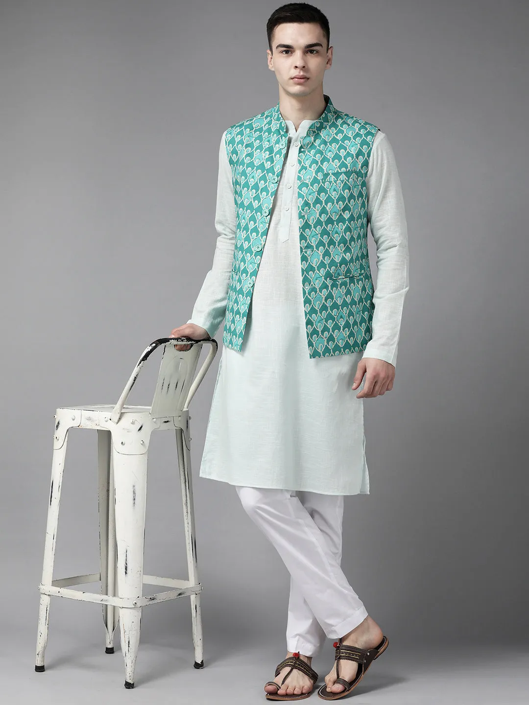 Men Green & Beige Printed Pure Cotton Kurta Pajama With Neharu Jacket