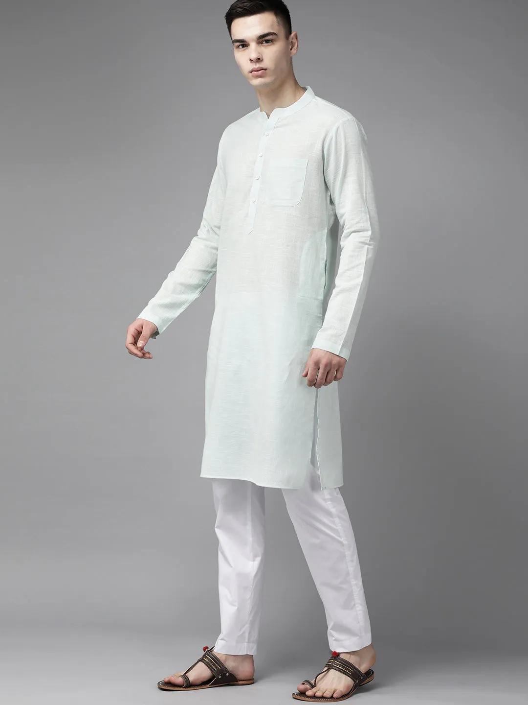 Men Green & Beige Printed Pure Cotton Kurta Pajama With Neharu Jacket