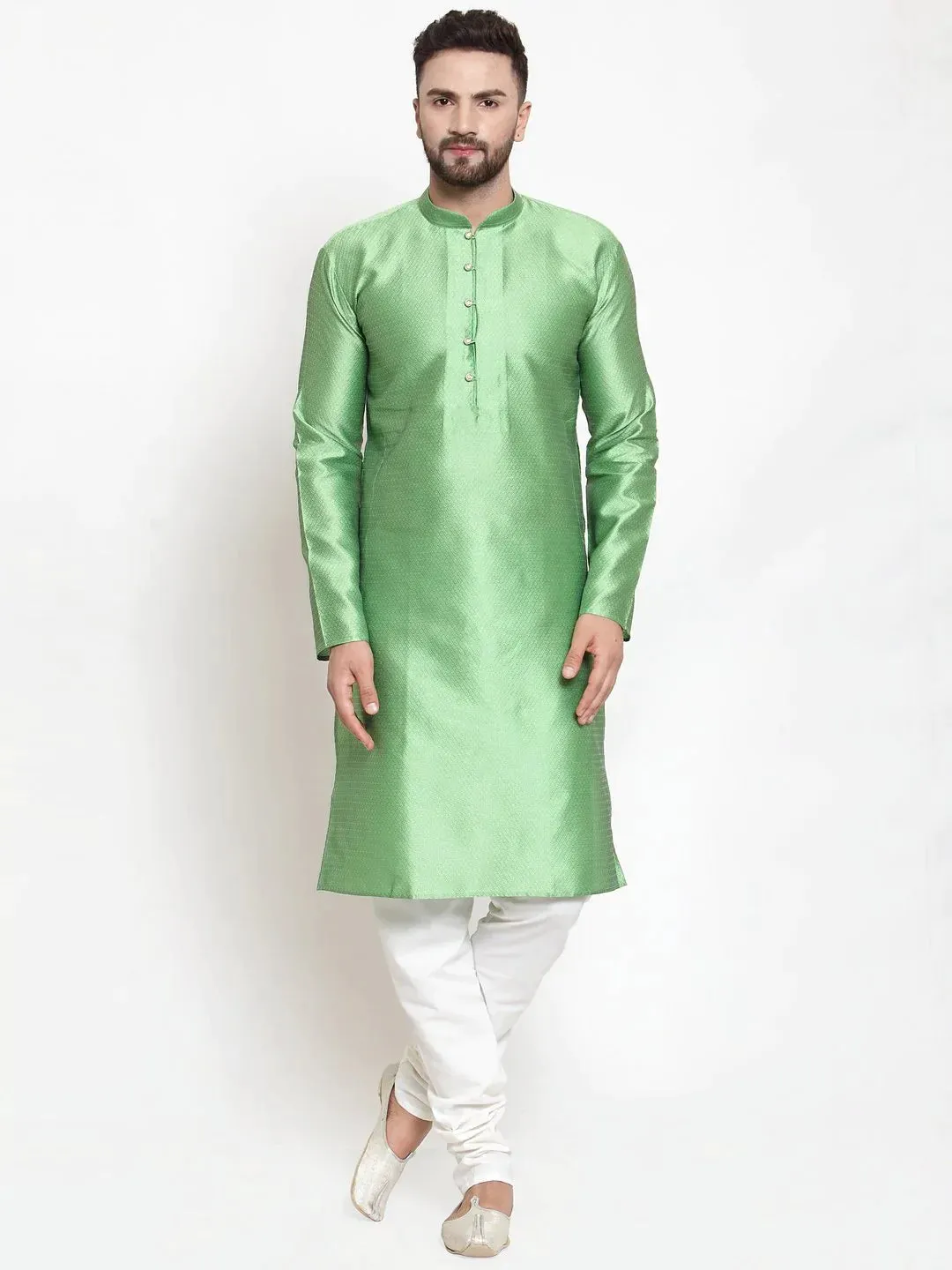 Men Green & White Self Design Kurta With Churidar