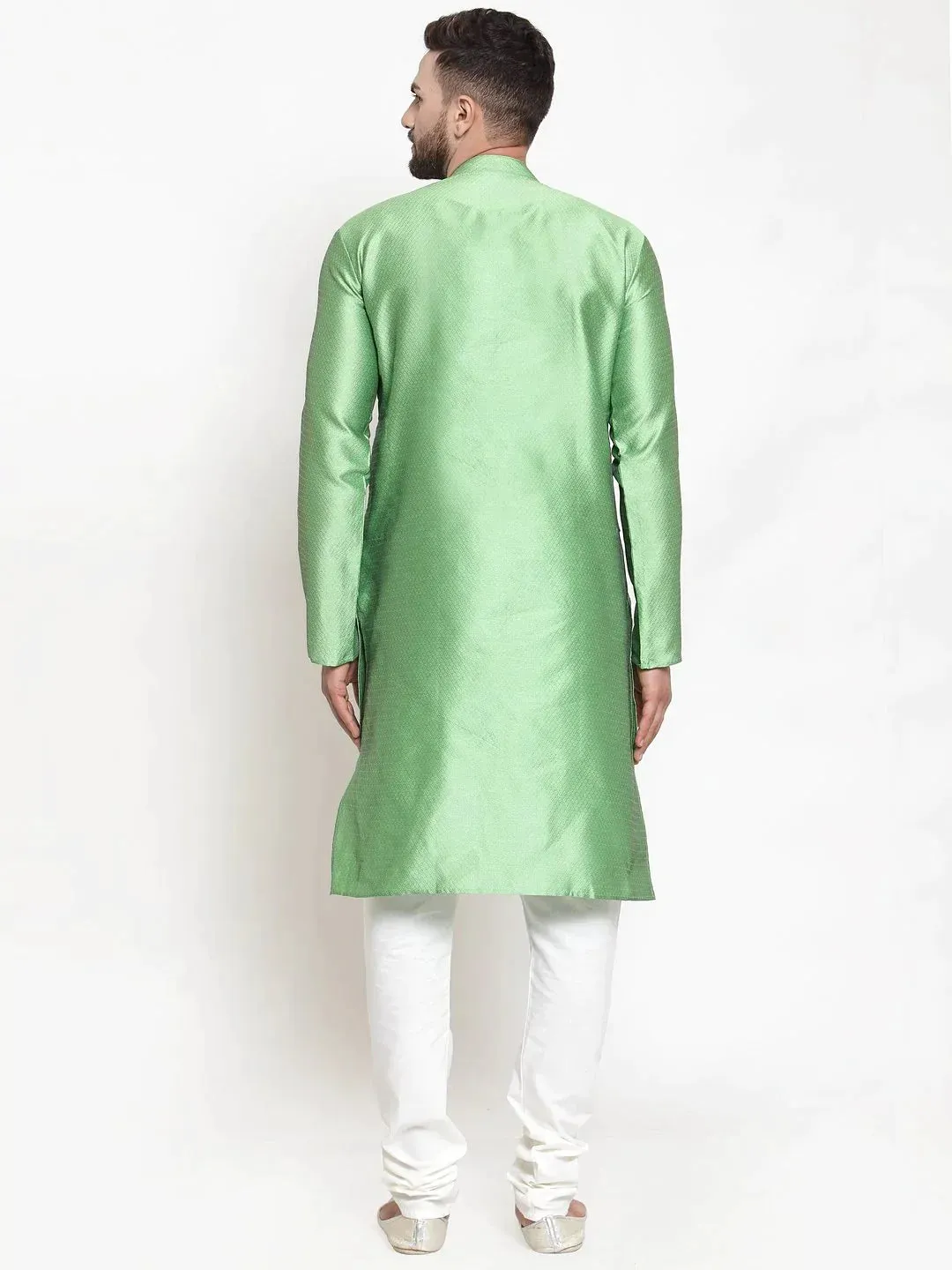 Men Green & White Self Design Kurta With Churidar