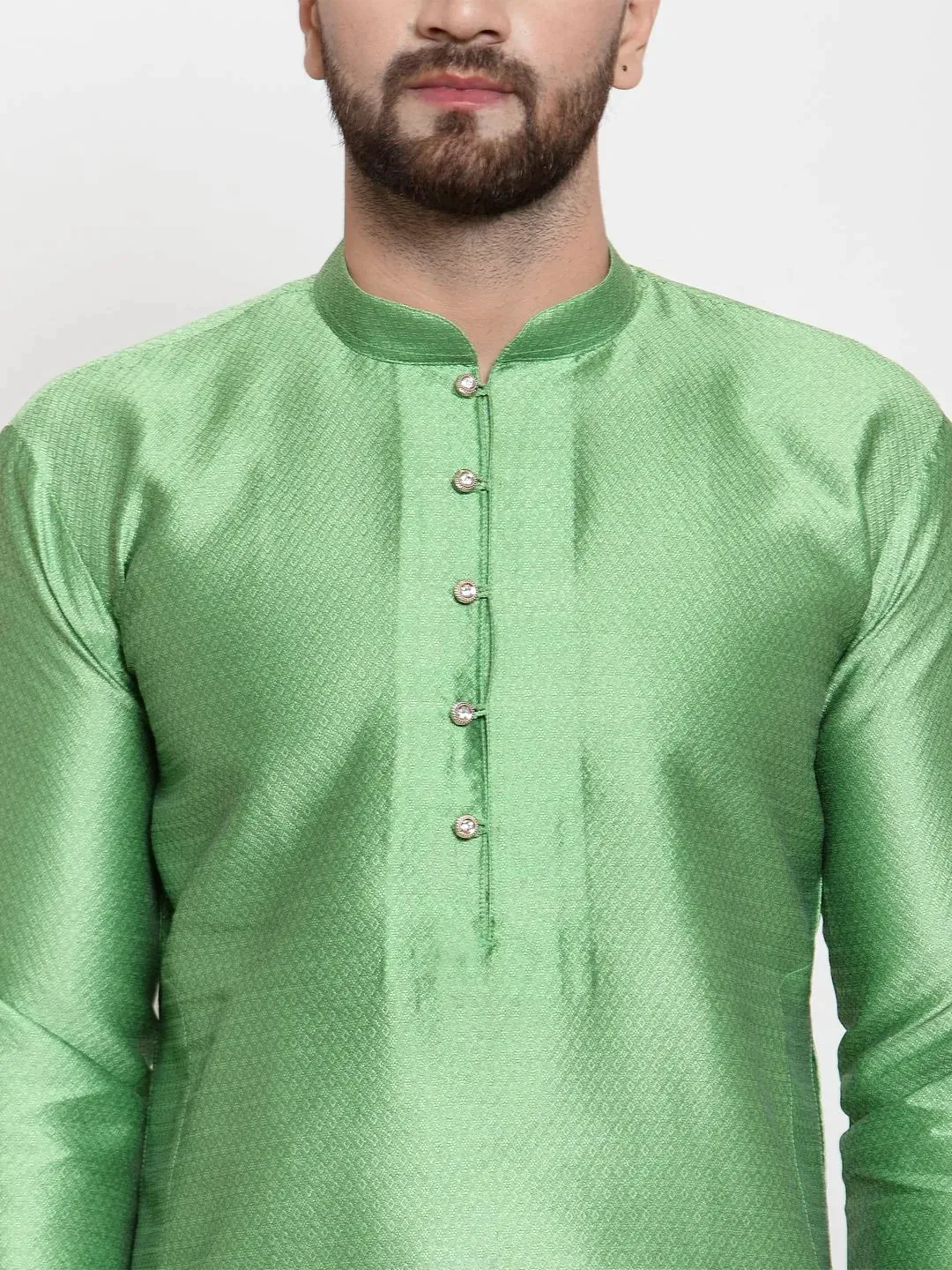 Men Green & White Self Design Kurta With Churidar