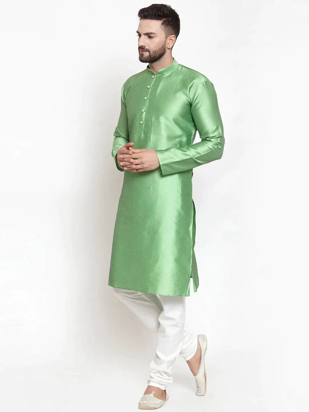 Men Green & White Self Design Kurta With Churidar