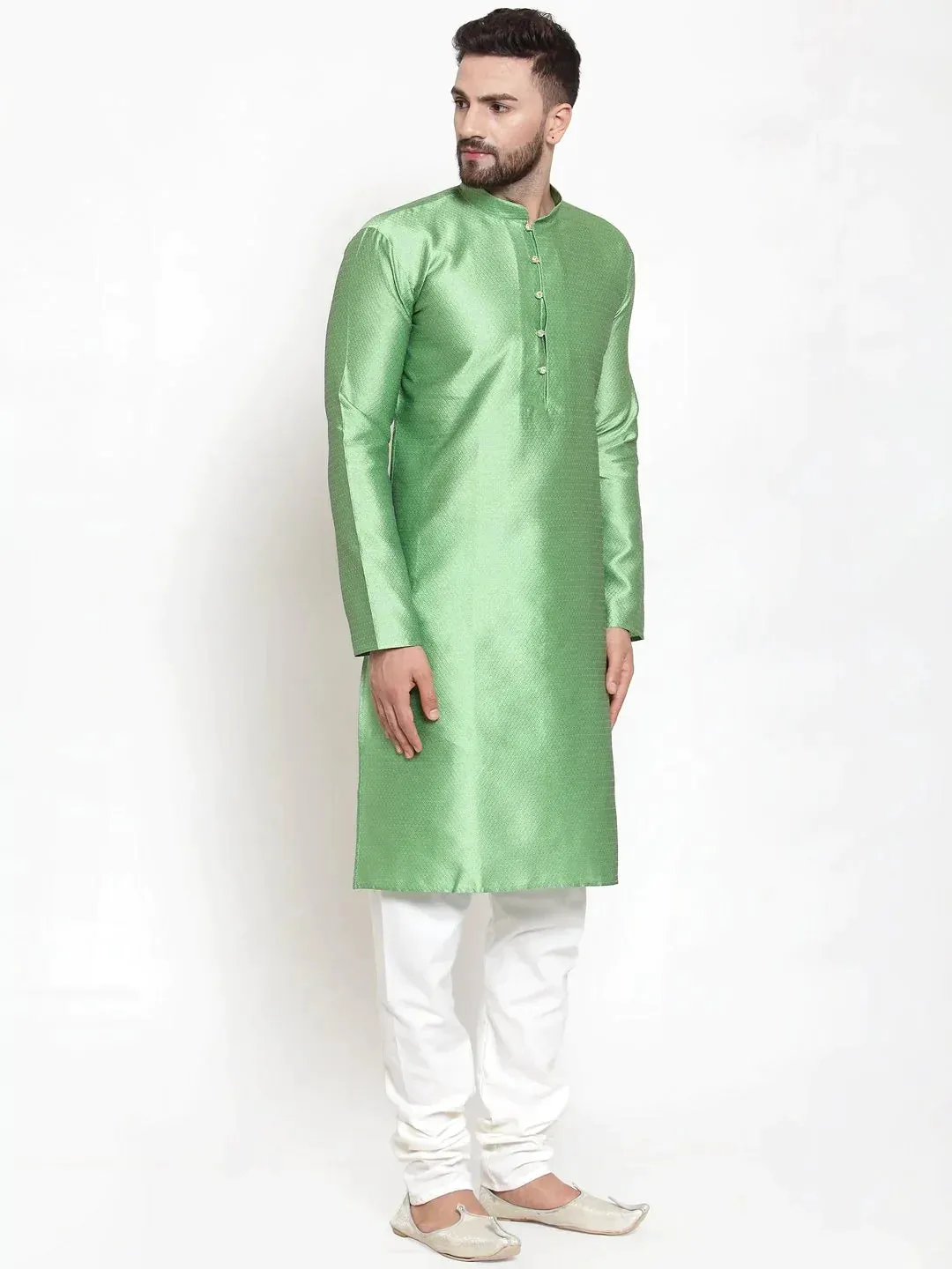 Men Green & White Self Design Kurta With Churidar