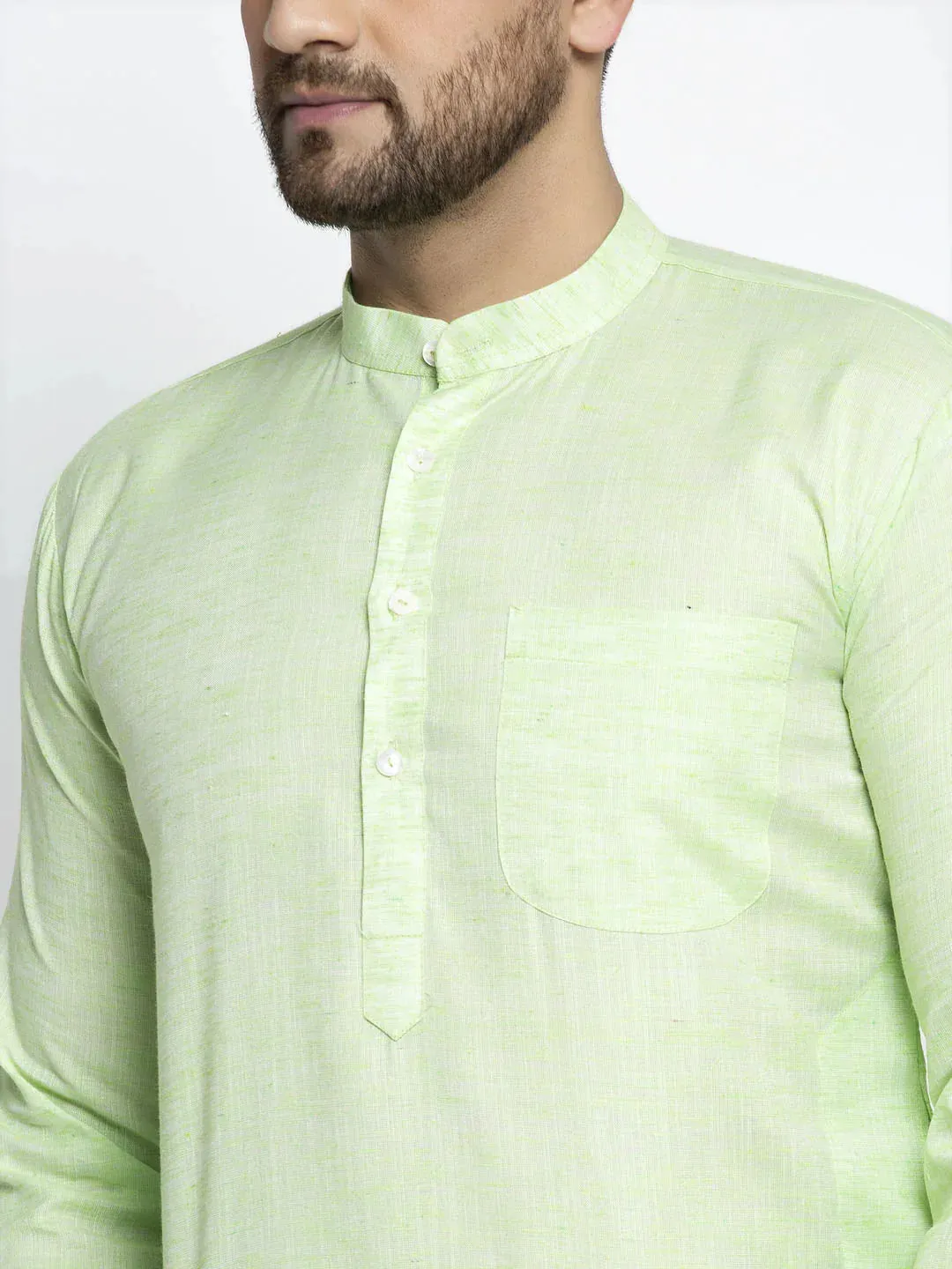 Men Green & White Self Design Kurta With Pyjamas