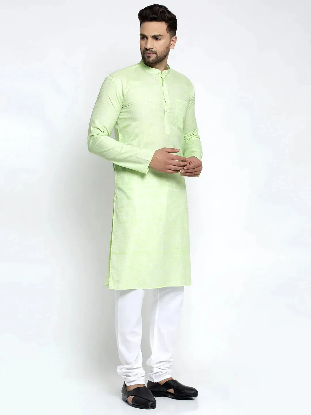 Men Green & White Self Design Kurta With Pyjamas