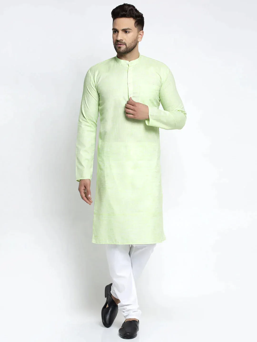 Men Green & White Self Design Kurta With Pyjamas