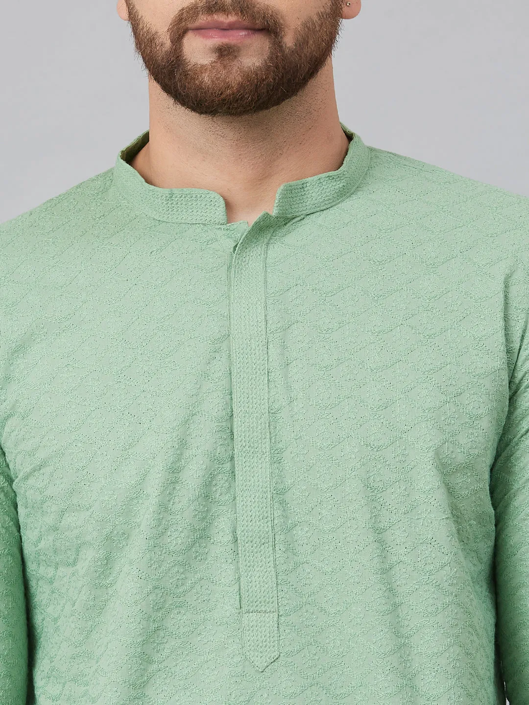 Men Green Chikankari Embroidered Woven Design Straight Kurta With Pyjama