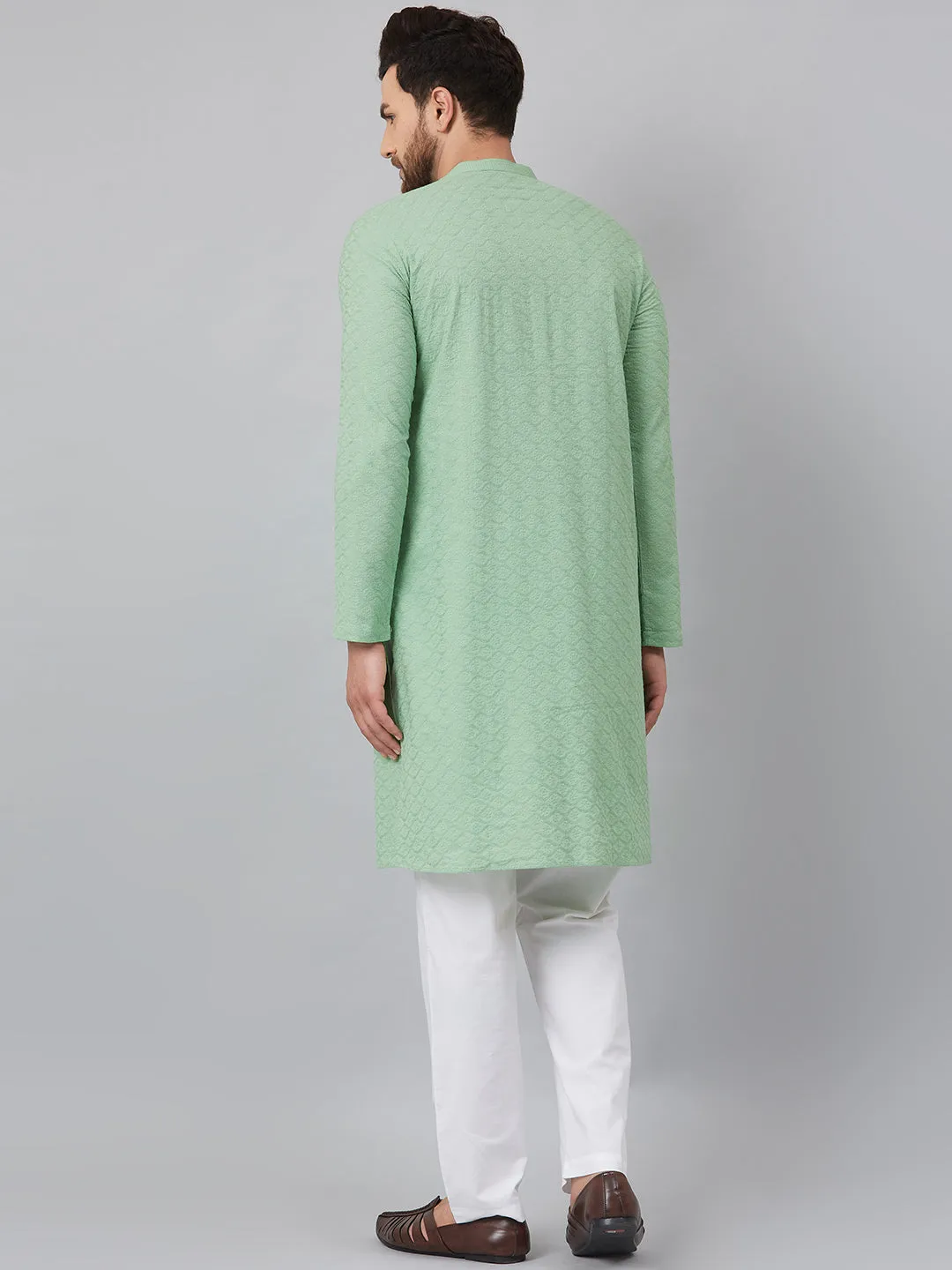 Men Green Chikankari Embroidered Woven Design Straight Kurta With Pyjama