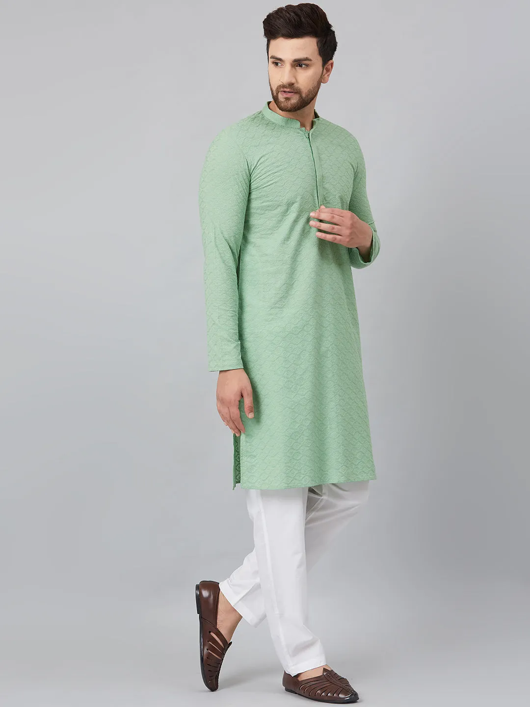 Men Green Chikankari Embroidered Woven Design Straight Kurta With Pyjama