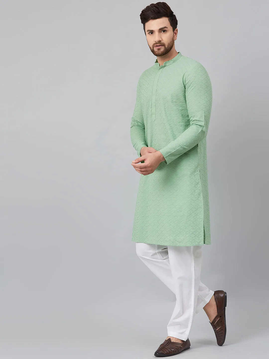 Men Green Chikankari Embroidered Woven Design Straight Kurta With Pyjama