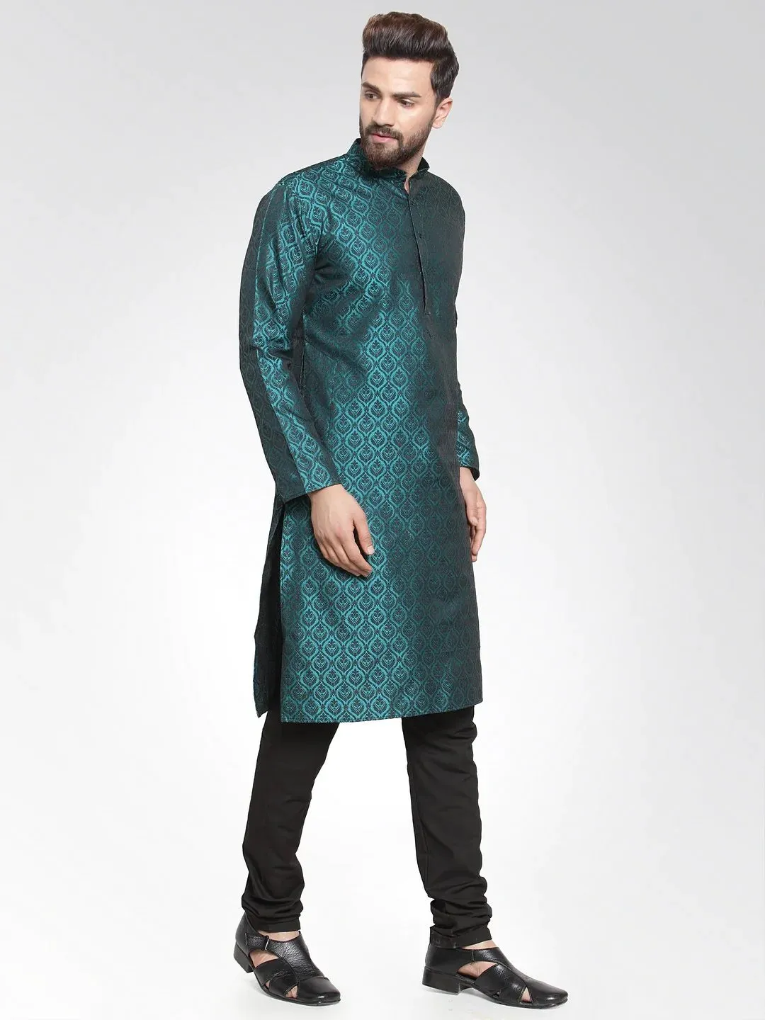 Men Green-Colored & Black Self Design Kurta With Churidar