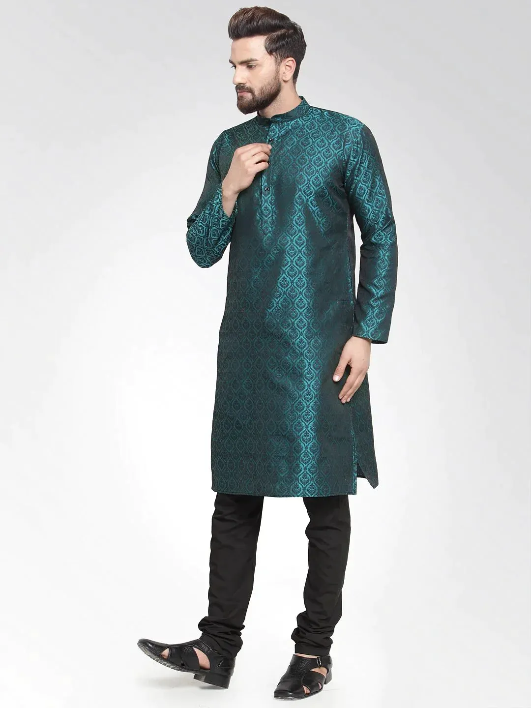 Men Green-Colored & Black Self Design Kurta With Churidar