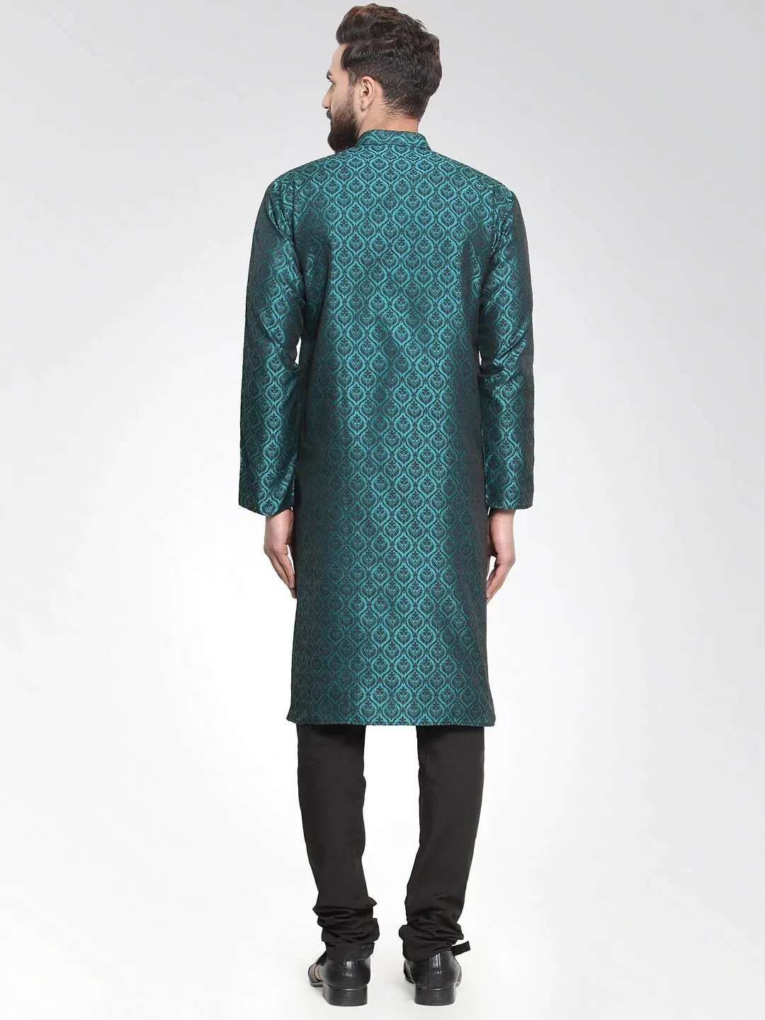 Men Green-Colored & Black Self Design Kurta With Churidar