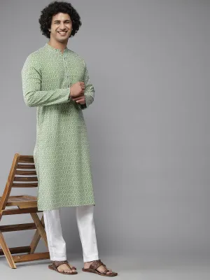 Men Green-Coloured & White Printed Pure Cotton Straight Kurta With Pyjama