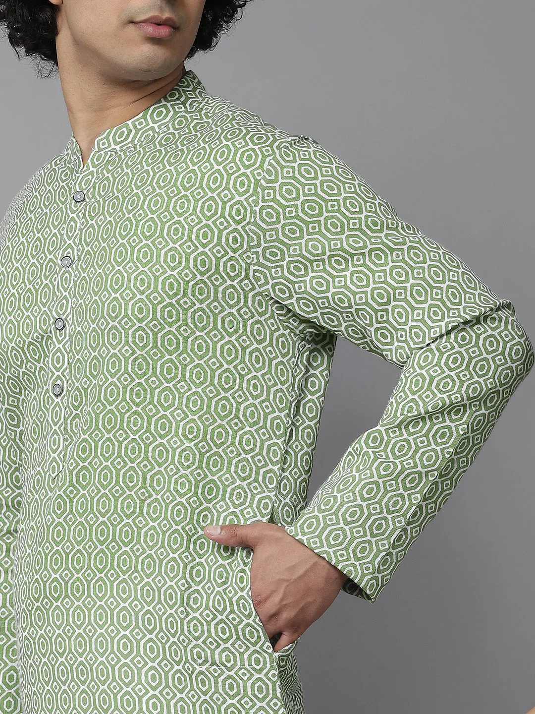 Men Green-Coloured & White Printed Pure Cotton Straight Kurta With Pyjama