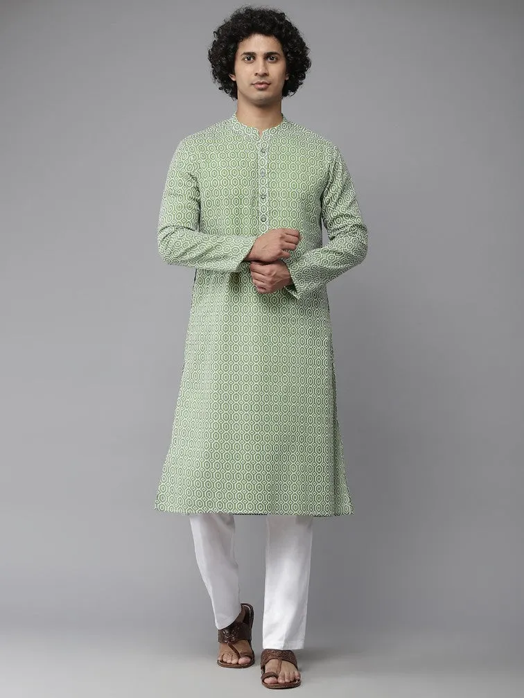 Men Green-Coloured & White Printed Pure Cotton Straight Kurta With Pyjama