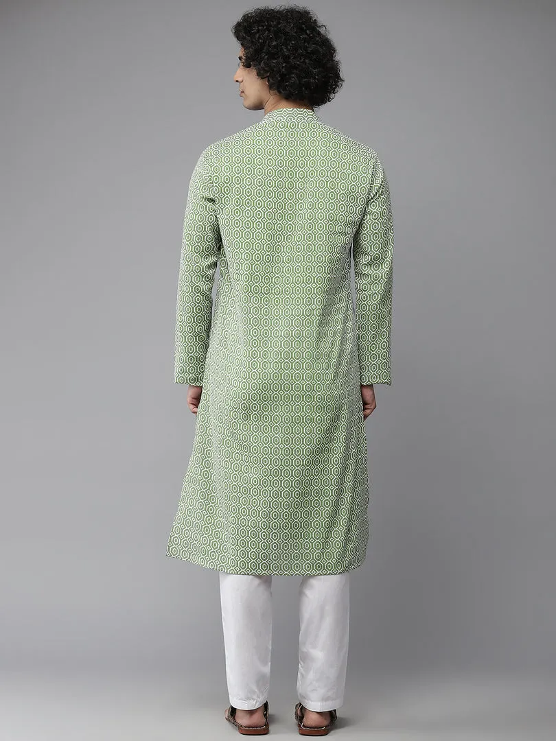 Men Green-Coloured & White Printed Pure Cotton Straight Kurta With Pyjama