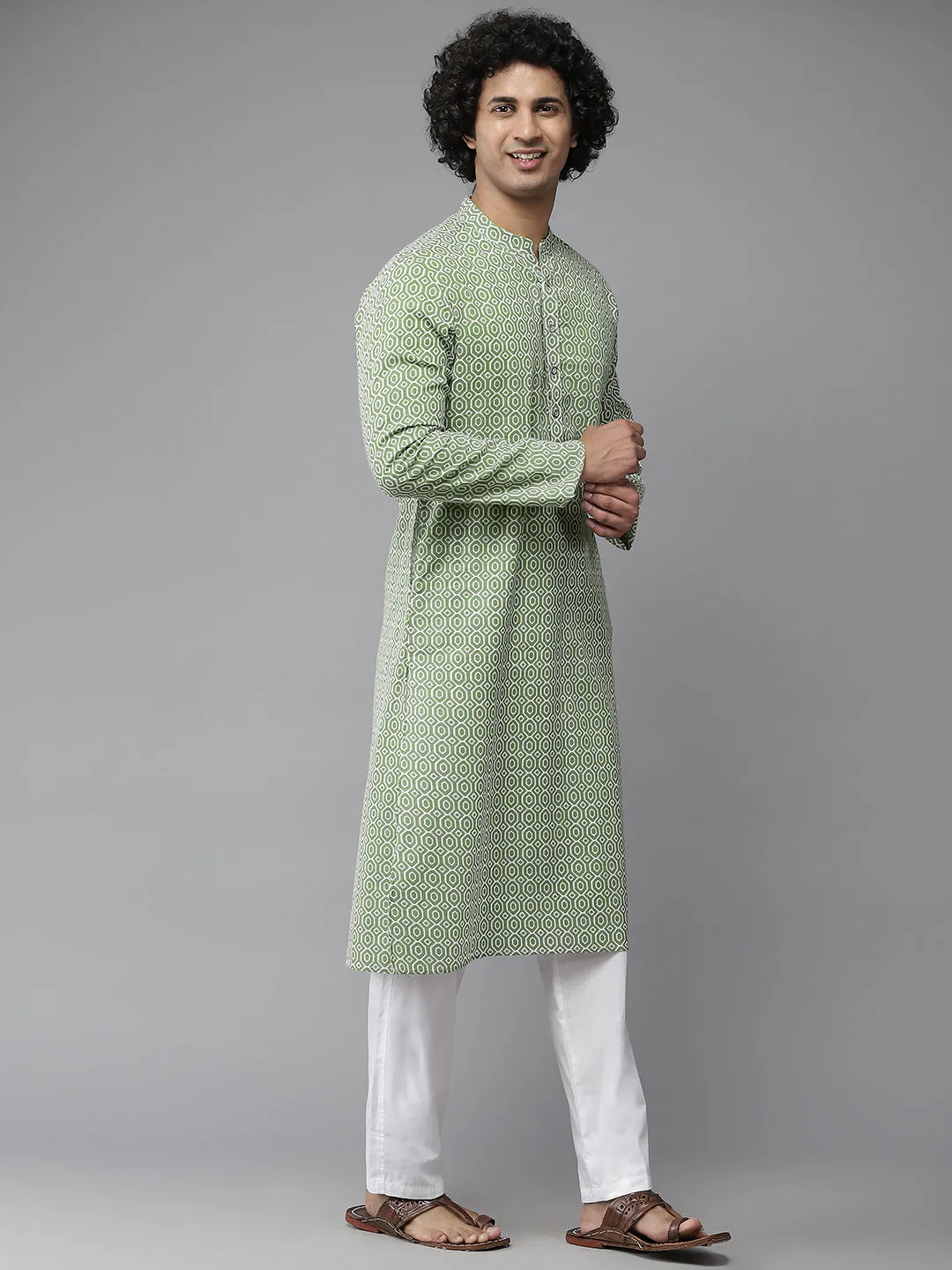 Men Green-Coloured & White Printed Pure Cotton Straight Kurta With Pyjama