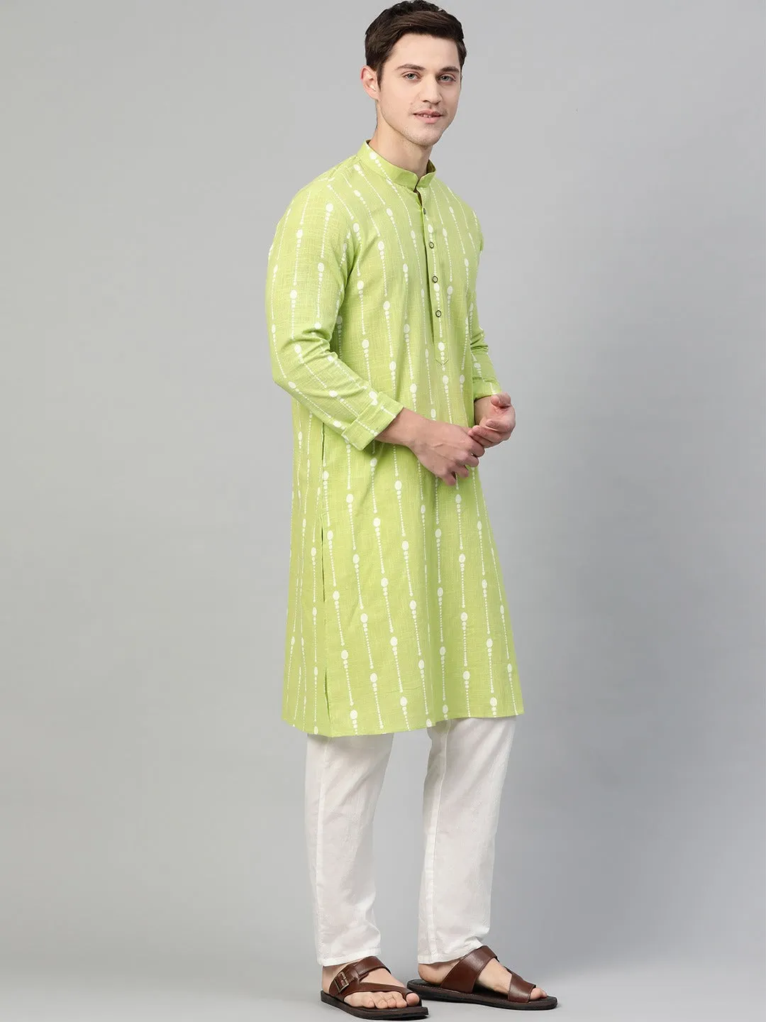 Men Lime Green & White Printed Straight Kurta With Pyjama