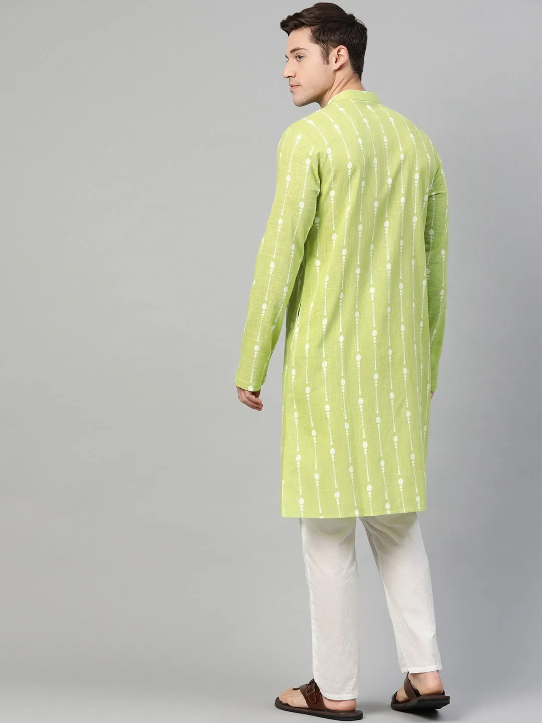 Men Lime Green & White Printed Straight Kurta With Pyjama