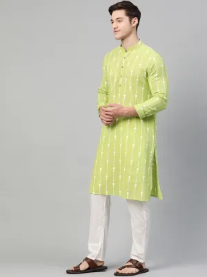 Men Lime Green & White Printed Straight Kurta With Pyjama