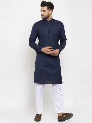 Men Navy-Blue & White Solid Kurta With Churidar