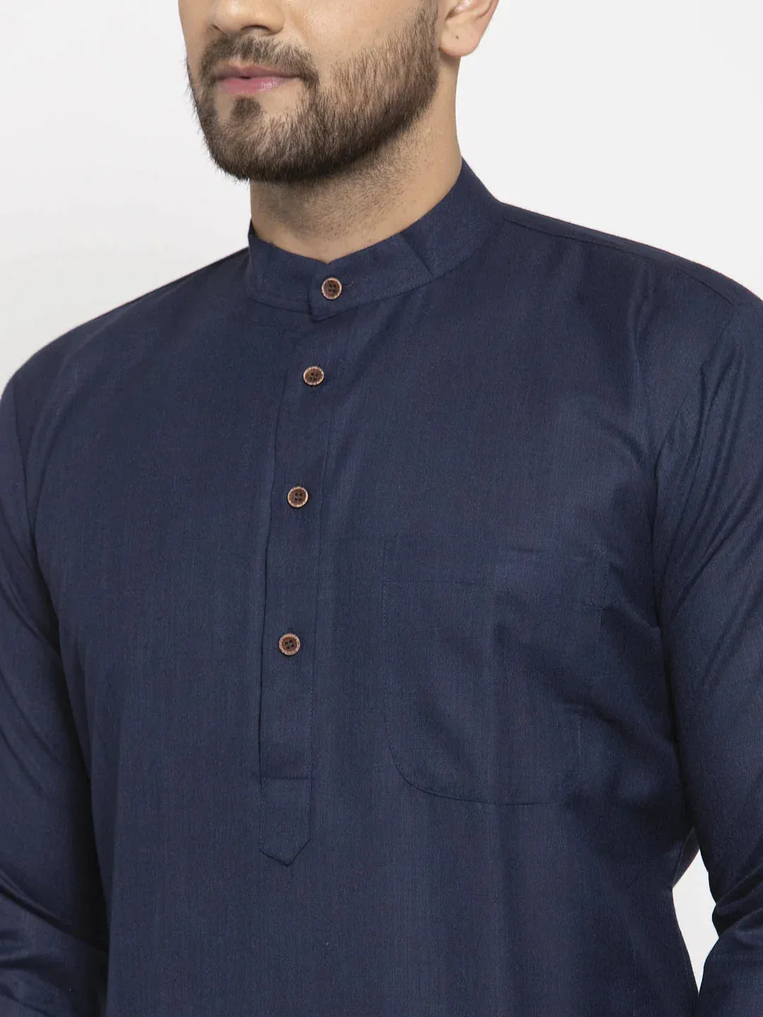 Men Navy-Blue & White Solid Kurta With Churidar