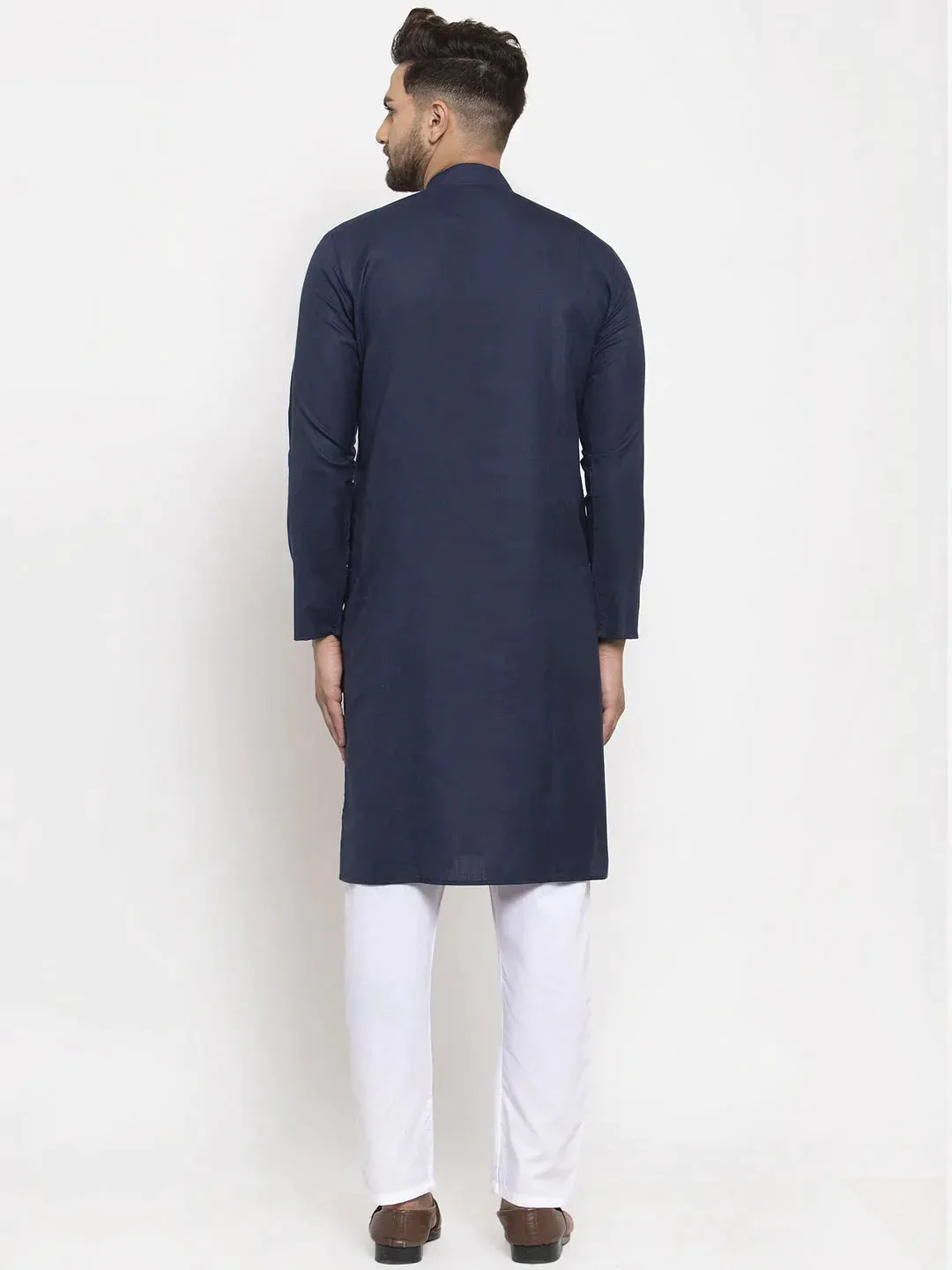 Men Navy-Blue & White Solid Kurta With Churidar