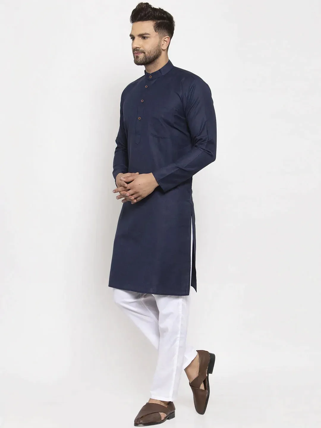 Men Navy-Blue & White Solid Kurta With Churidar