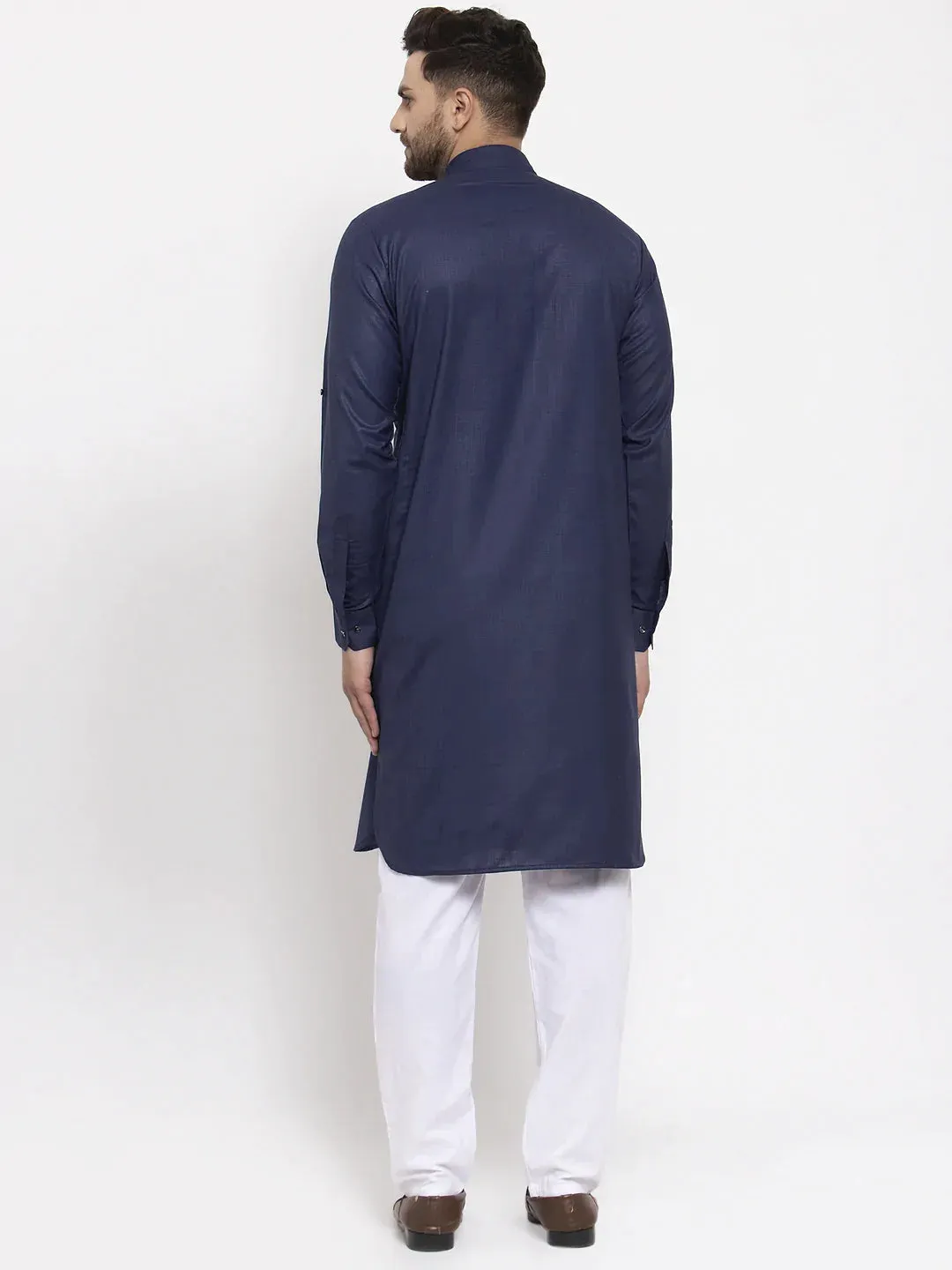 Men Navy-Blue Solid Kurta With White Pyjamas