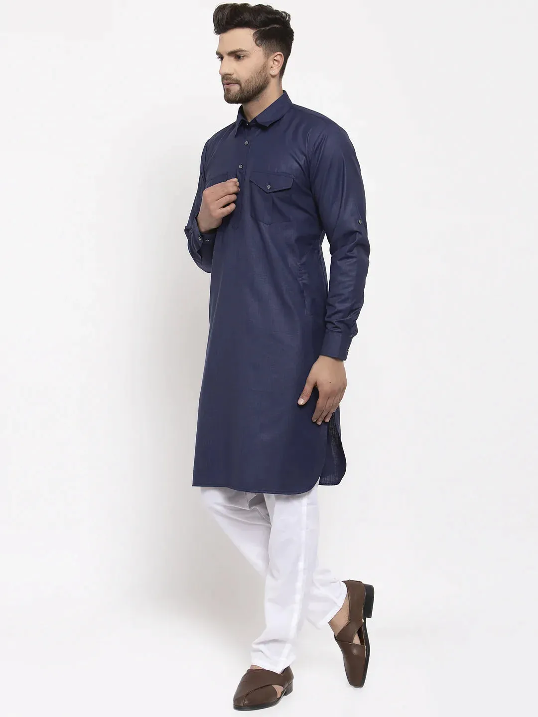 Men Navy-Blue Solid Kurta With White Pyjamas