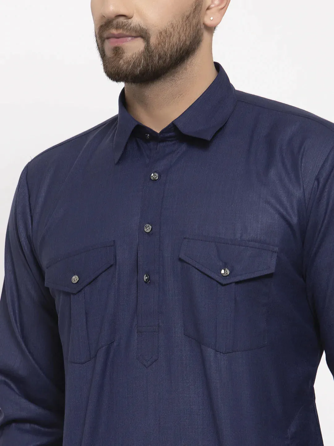 Men Navy-Blue Solid Kurta With White Pyjamas