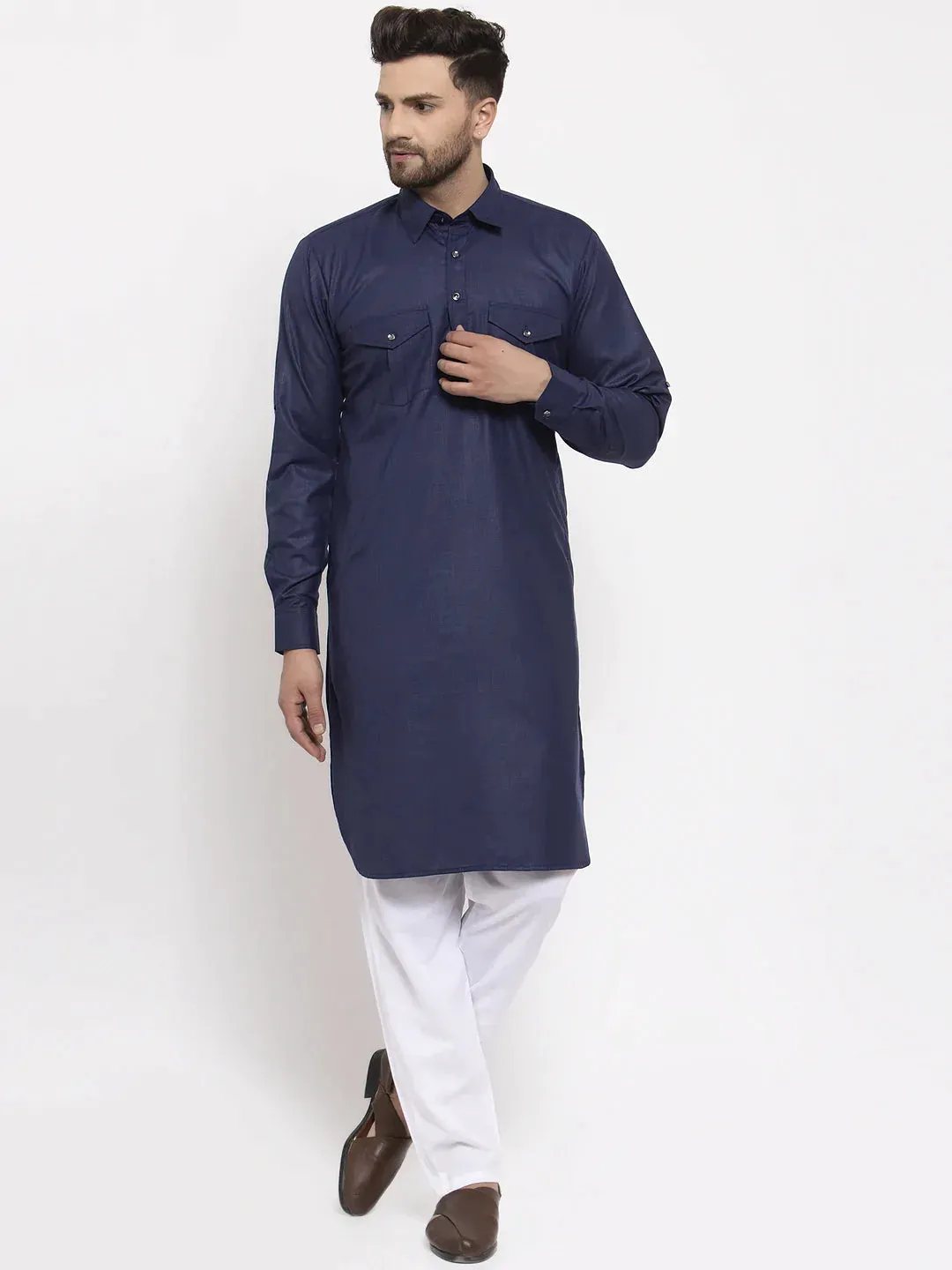 Men Navy-Blue Solid Kurta With White Pyjamas