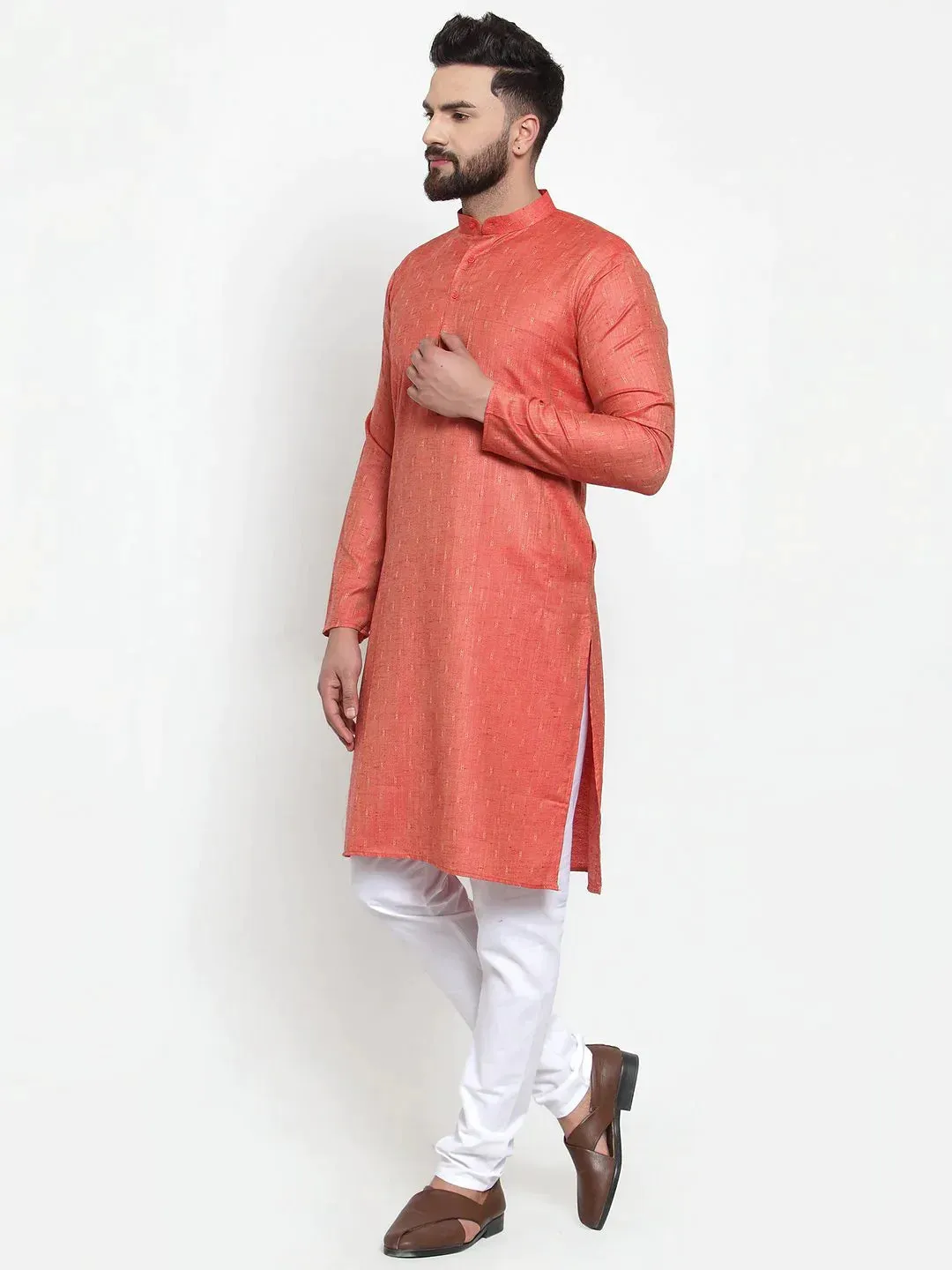 Men Orange & White Self Design Kurta With Churidar