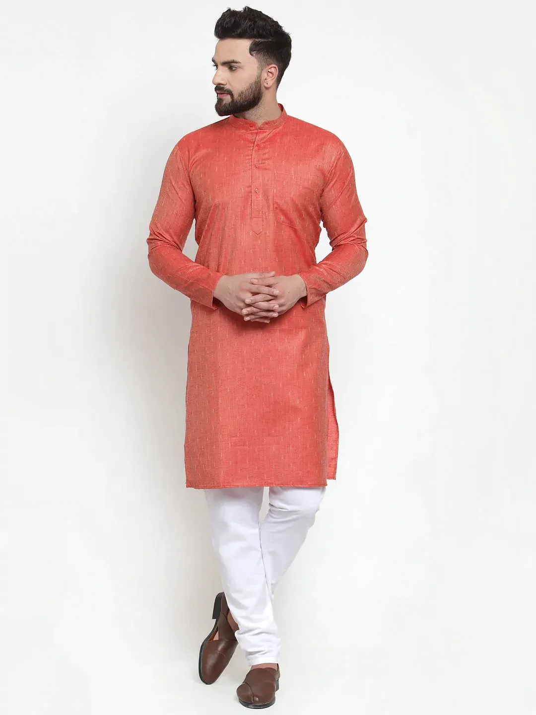 Men Orange & White Self Design Kurta With Churidar