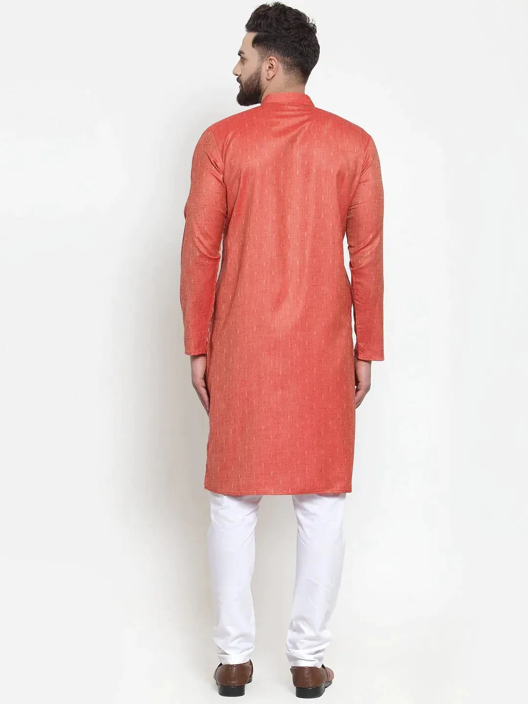 Men Orange & White Self Design Kurta With Churidar