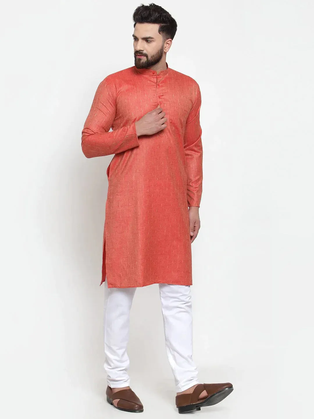 Men Orange & White Self Design Kurta With Churidar