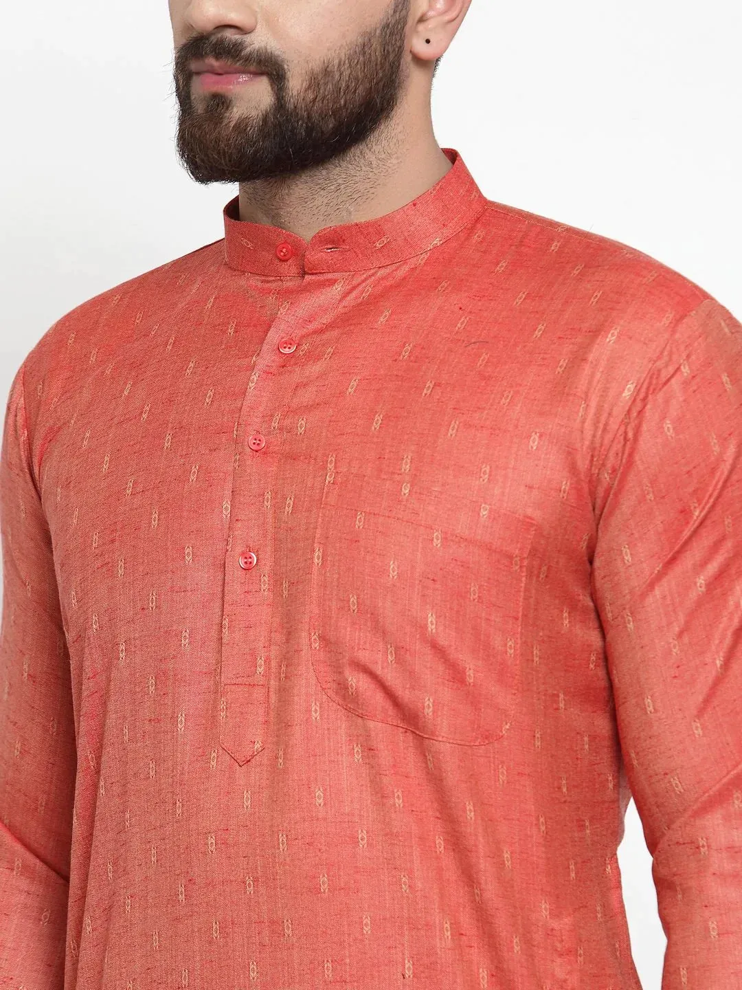 Men Orange & White Self Design Kurta With Churidar