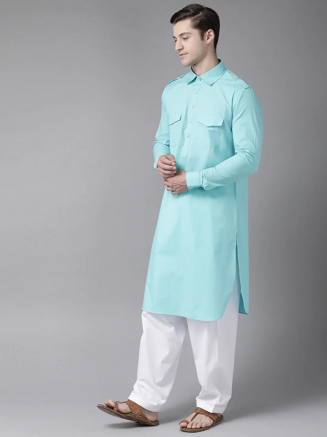 Men Sea Green Pathani Kurta With Salwar